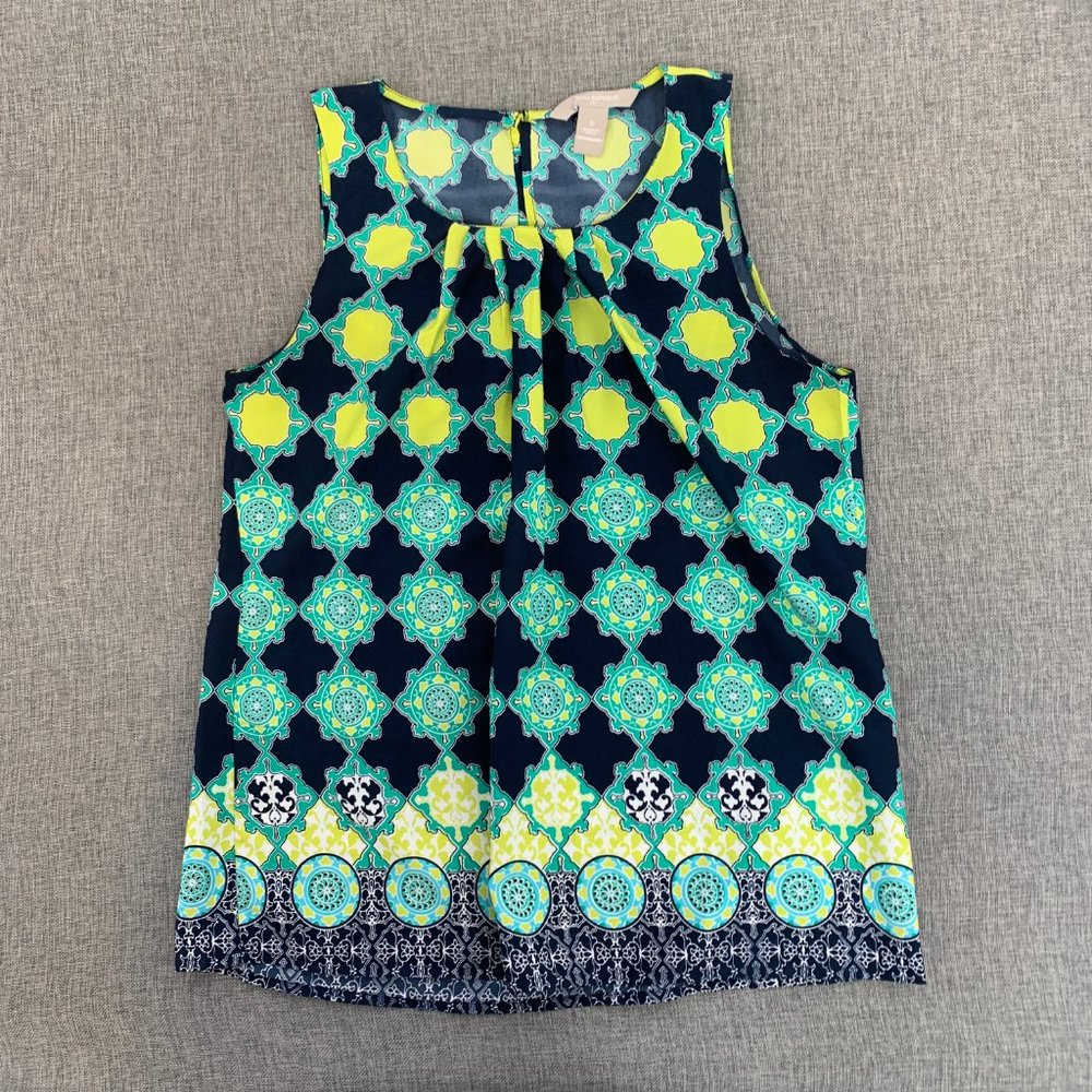 Banana Republic Top Green Yellow Black Small Pleated Round Neckline Tank Top